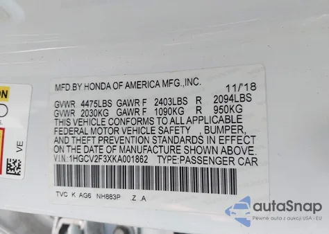 2019 Honda Accord Sport 2.0T z USA, uszkodzony, nr VIN 1HGCV2F3XKA001862